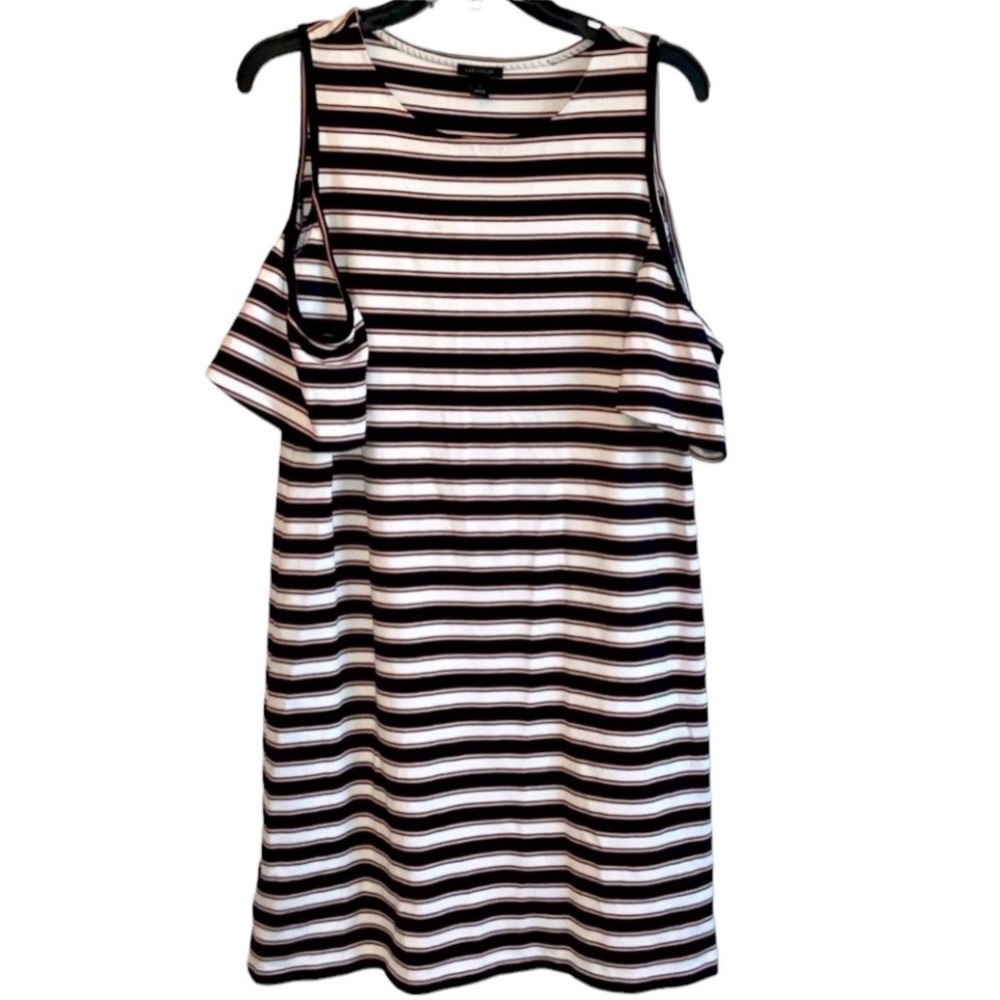 Ann Taylor cold shoulder black, pink and white dress. Heavy knit S